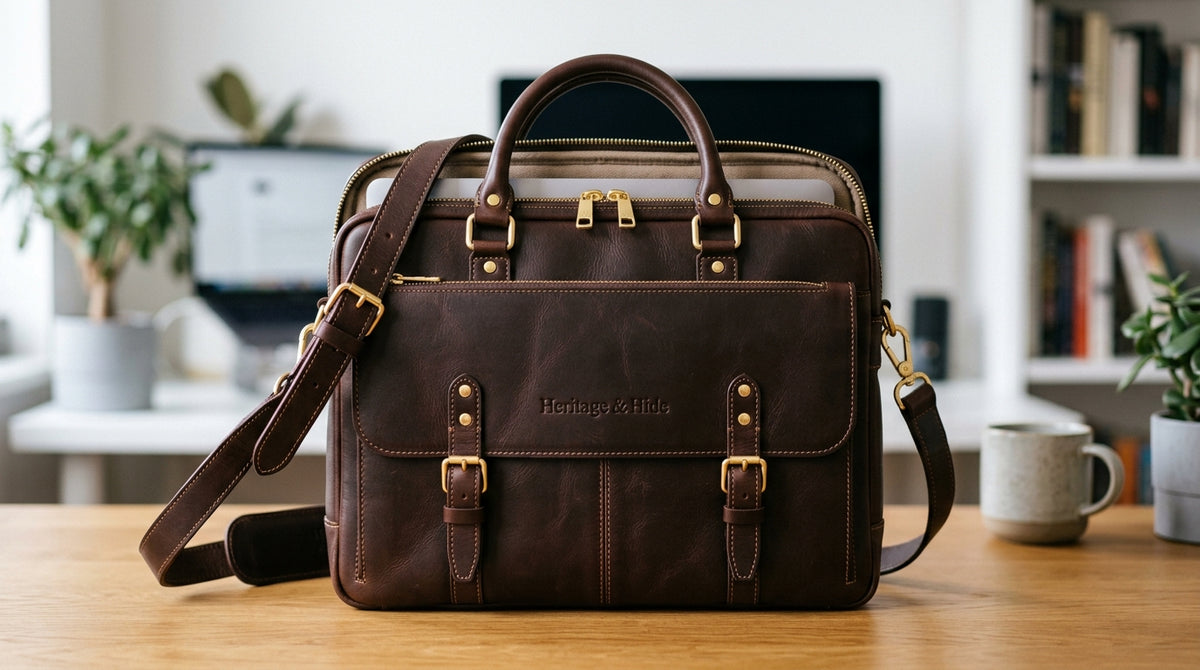 HeritageAndHide Leather Briefcase – 15-inch Laptop Messenger Bag for Men