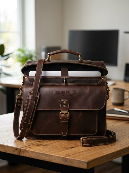 The Executive Leather Flap Briefcase – Handcrafted Dark Walnut Satchel