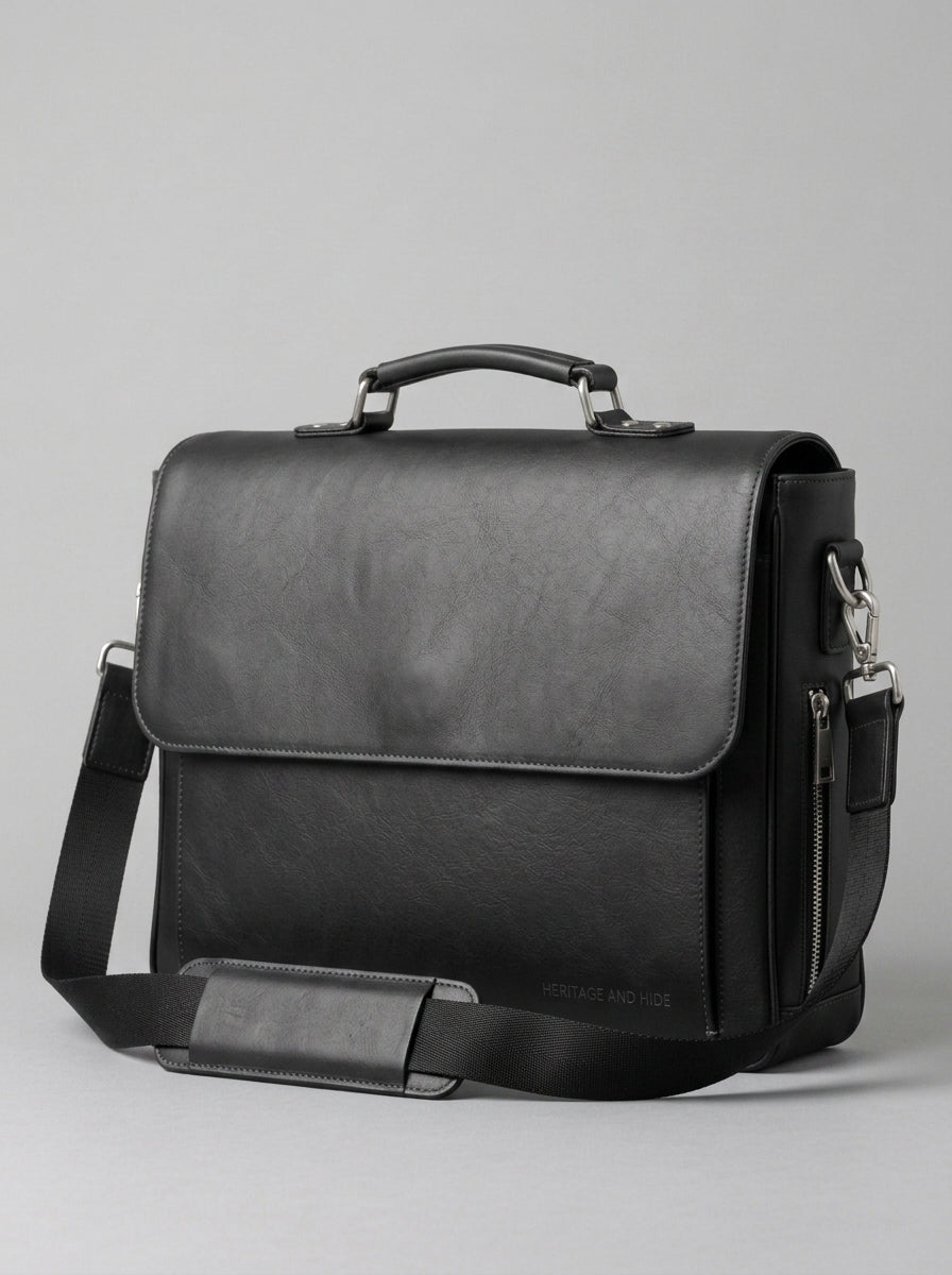 Heritage & Hide Modern Black Leather Briefcase –  Laptop Messenger Bag for Professionals