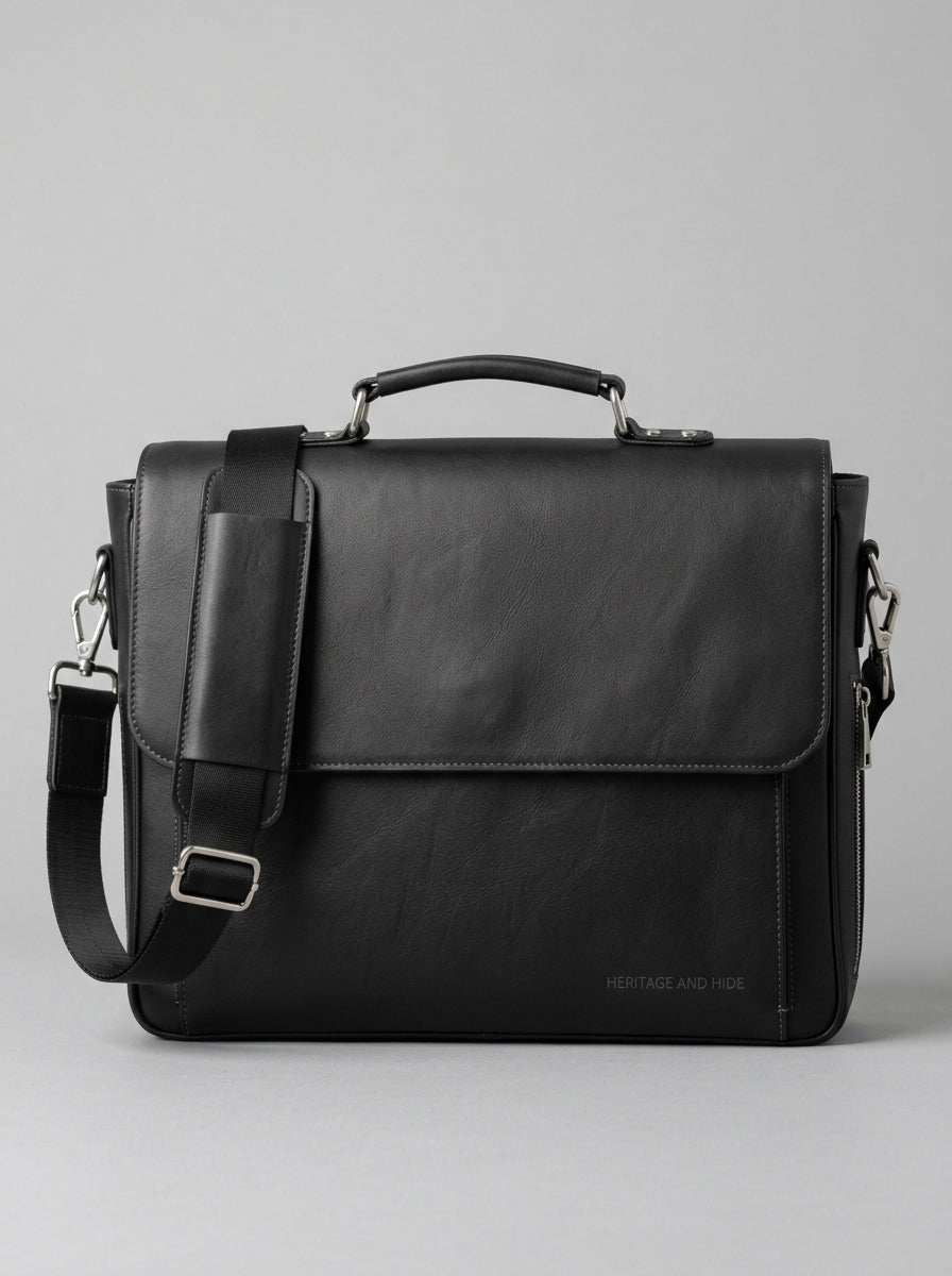 Heritage & Hide Modern Black Leather Briefcase –  Laptop Messenger Bag for Professionals