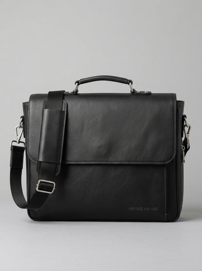 Heritage & Hide Modern Black Leather Briefcase –  Laptop Messenger Bag for Professionals