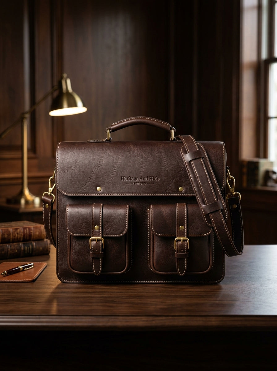 Heritage And Hide Handcrafted Leather Briefcase –  Laptop Messenger Bag for Men