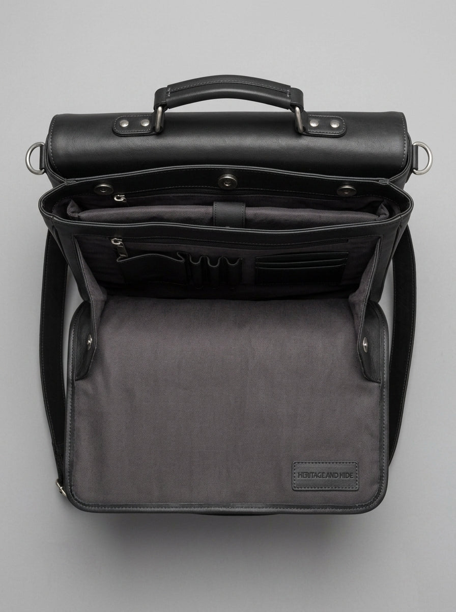 Heritage & Hide Modern Black Leather Briefcase –  Laptop Messenger Bag for Professionals
