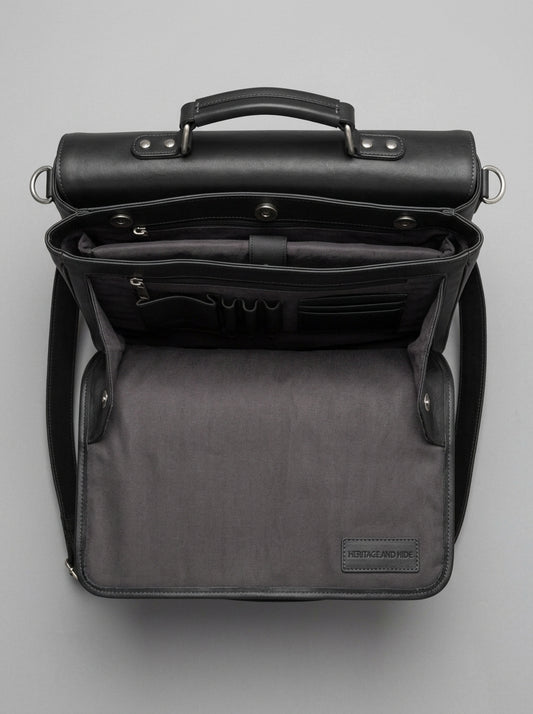 Heritage & Hide Modern Black Leather Briefcase –  Laptop Messenger Bag for Professionals