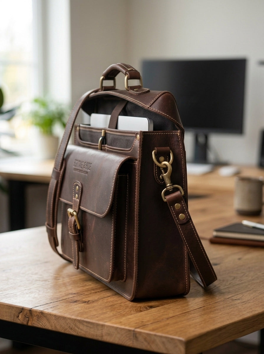 The Executive Leather Flap Briefcase – Handcrafted Dark Walnut Satchel