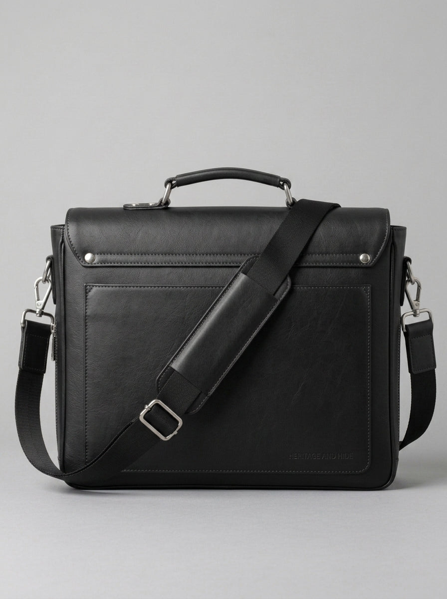 Heritage & Hide Modern Black Leather Briefcase –  Laptop Messenger Bag for Professionals