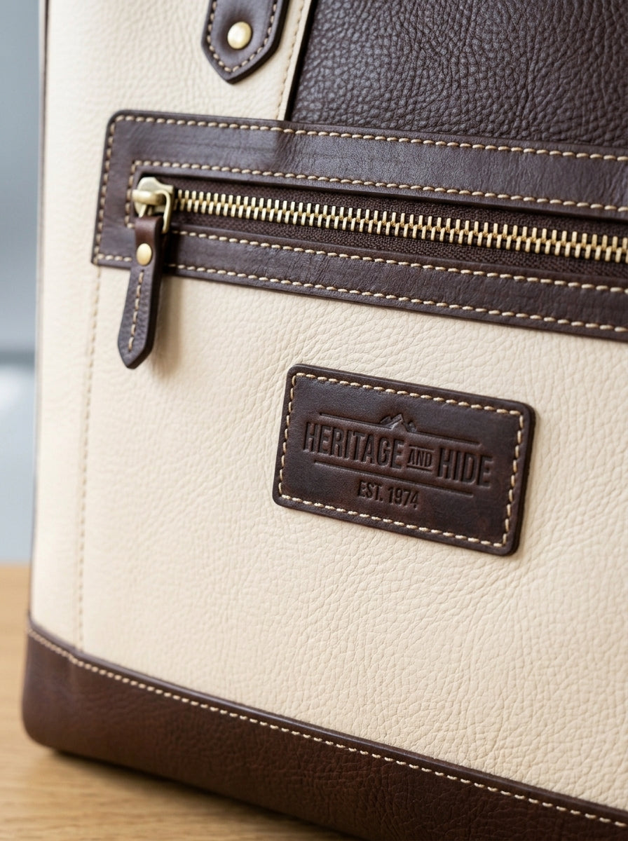 Heritage And Hide Two-Tone Leather Tote Bag – Handcrafted Cream & Dark Brown Laptop Shoulder Bag
