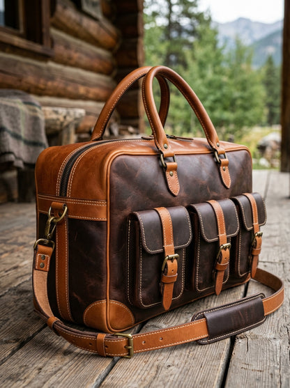 The Aviator Dual-Tone Leather Field Bag – Multi-Pocket Weekender & Attache