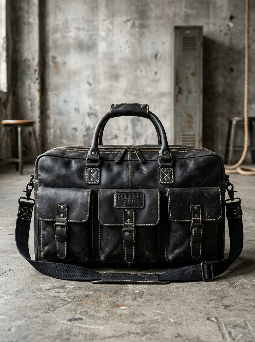 Roosevelt Pilot Handcrafted Black Leather Pilot Briefcase & Holdall