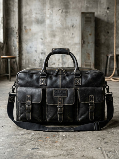 Roosevelt Pilot Handcrafted Black Leather Pilot Briefcase & Holdall