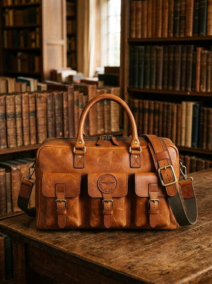 The Aviator Cognac Tan Leather Attache – Multi-Pocket Executive Laptop Holdall