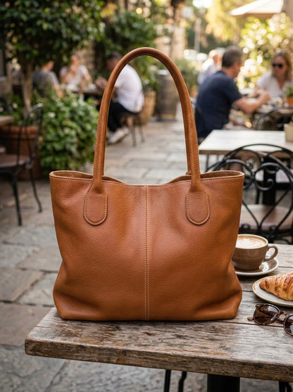 Heritage And Hide Genuine Pebbled Leather Tote Bag – Handcrafted Cognac Brown Slouchy Shoulder Hobo & Shopper