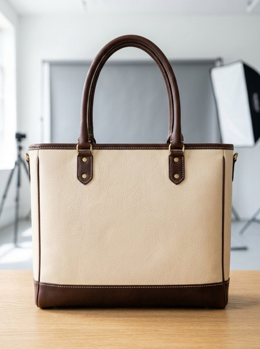 Heritage And Hide Two-Tone Leather Tote Bag – Handcrafted Cream & Dark Brown Laptop Shoulder Bag