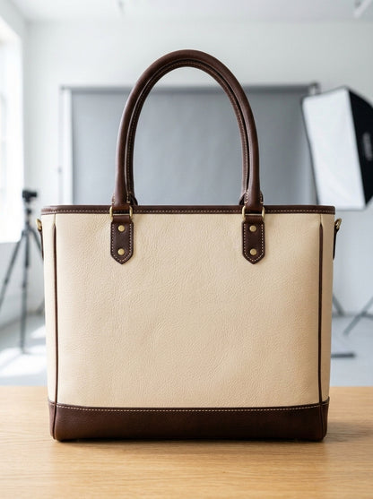Heritage And Hide Two-Tone Leather Tote Bag – Handcrafted Cream & Dark Brown Laptop Shoulder Bag