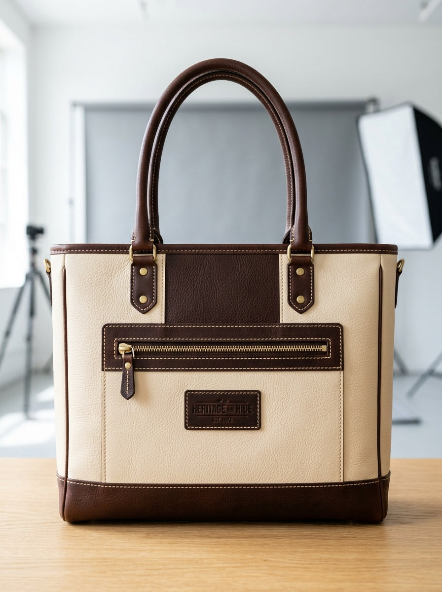 Heritage And Hide Two-Tone Leather Tote Bag – Handcrafted Cream & Dark Brown Laptop Shoulder Bag