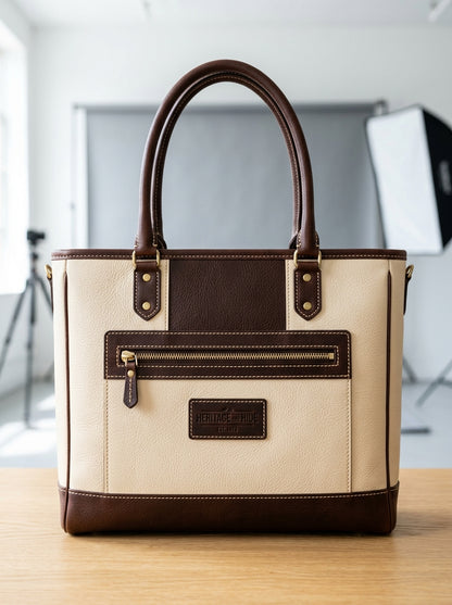 Heritage And Hide Two-Tone Leather Tote Bag – Handcrafted Cream & Dark Brown Laptop Shoulder Bag