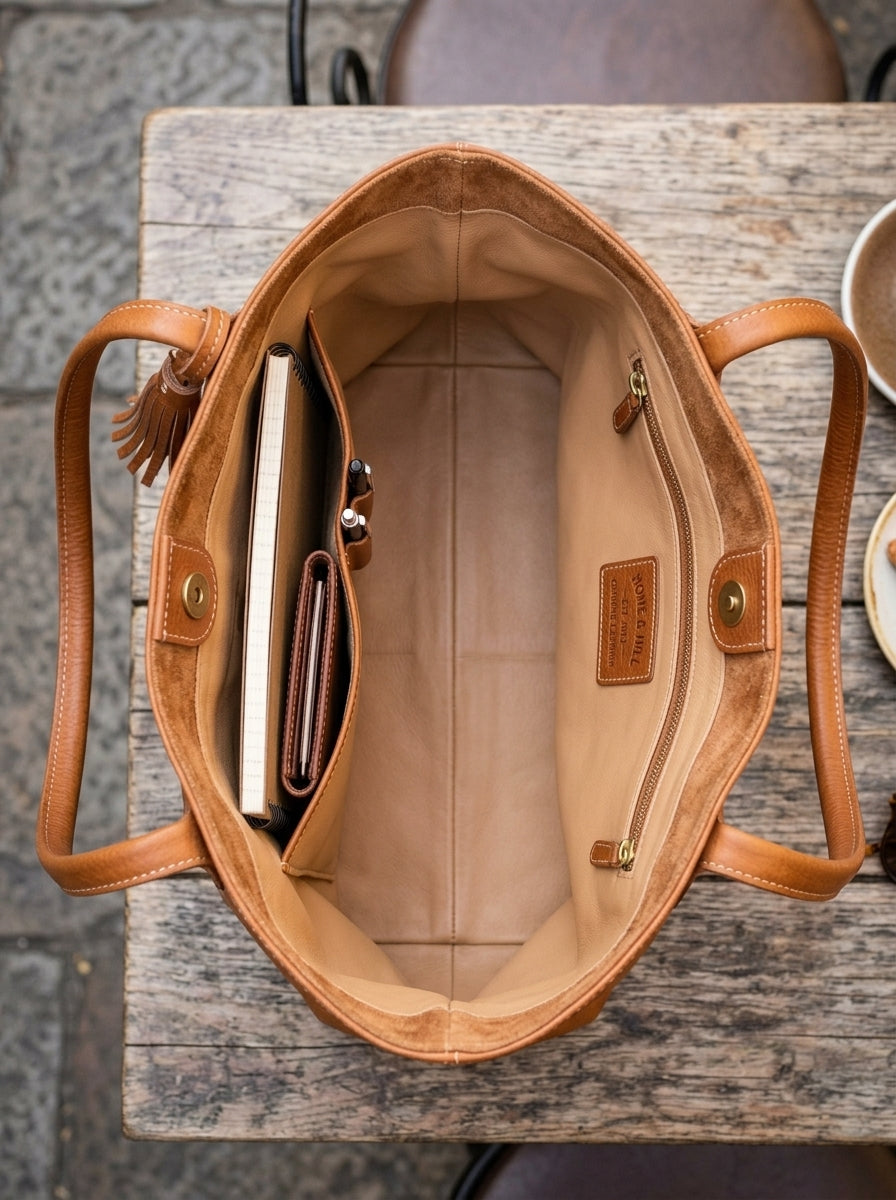 Heritage And Hide Genuine Pebbled Leather Tote Bag – Handcrafted Cognac Brown Slouchy Shoulder Hobo & Shopper