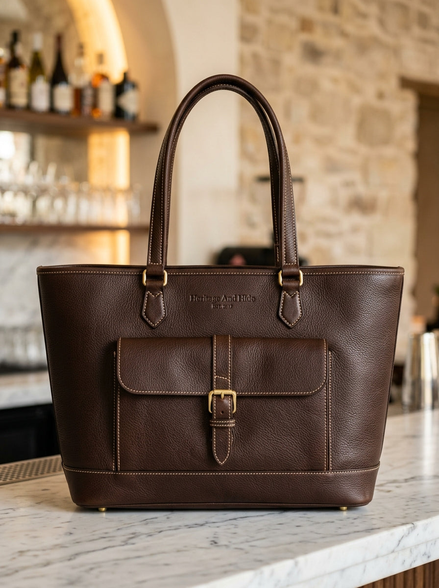 Heritage And Hide Pebbled Leather Tote Bag – Handcrafted Dark Espresso Laptop Shoulder Bag & Work Tote