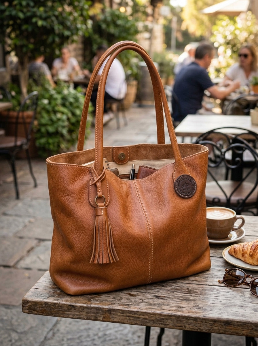 Heritage And Hide Genuine Pebbled Leather Tote Bag – Handcrafted Cognac Brown Slouchy Shoulder Hobo & Shopper