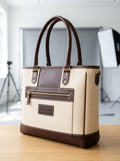 Heritage And Hide Two-Tone Leather Tote Bag – Handcrafted Cream & Dark Brown Laptop Shoulder Bag