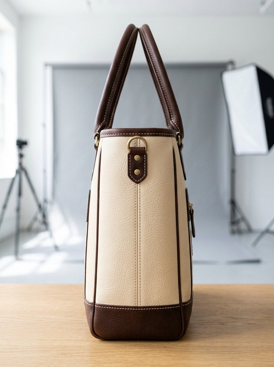 Heritage And Hide Two-Tone Leather Tote Bag – Handcrafted Cream & Dark Brown Laptop Shoulder Bag