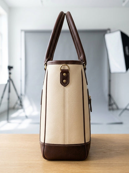 Heritage And Hide Two-Tone Leather Tote Bag – Handcrafted Cream & Dark Brown Laptop Shoulder Bag