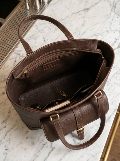 Heritage And Hide Pebbled Leather Tote Bag – Handcrafted Dark Espresso Laptop Shoulder Bag & Work Tote