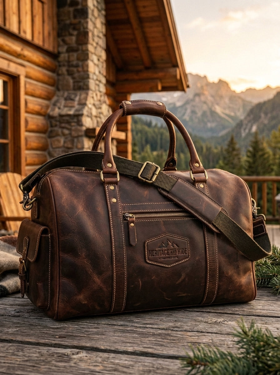 Heritage And Hide Handcrafted Leather Duffel Bag – Vintage Mountain Edition Weekender Holdall