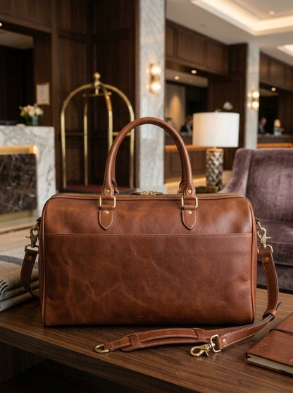 Heritage And Hide Handcrafted Leather Duffel Bag – Cognac Tan Multi-Pocket Weekender & Travel Holdall