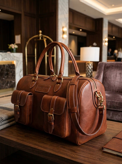 Heritage And Hide Handcrafted Leather Duffel Bag – Cognac Tan Multi-Pocket Weekender & Travel Holdall