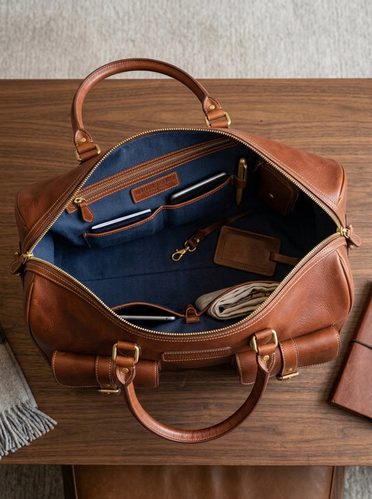 Heritage And Hide Handcrafted Leather Duffel Bag – Cognac Tan Multi-Pocket Weekender & Travel Holdall