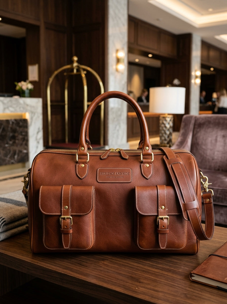 Heritage And Hide Handcrafted Leather Duffel Bag – Cognac Tan Multi-Pocket Weekender & Travel Holdall