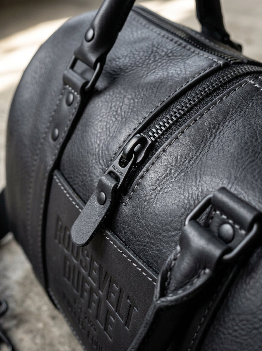 Roosevelt Duffle Matte Black Leather Travel Bag – Tactical Gym & Weekender Holdall