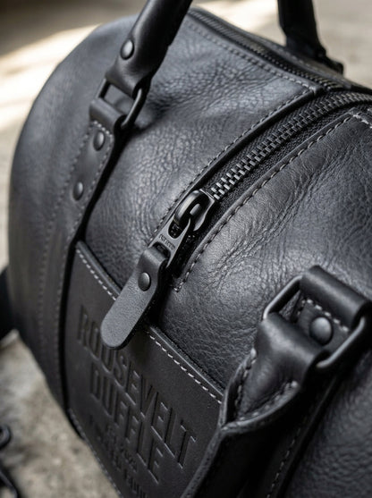 Roosevelt Duffle Matte Black Leather Travel Bag – Tactical Gym & Weekender Holdall