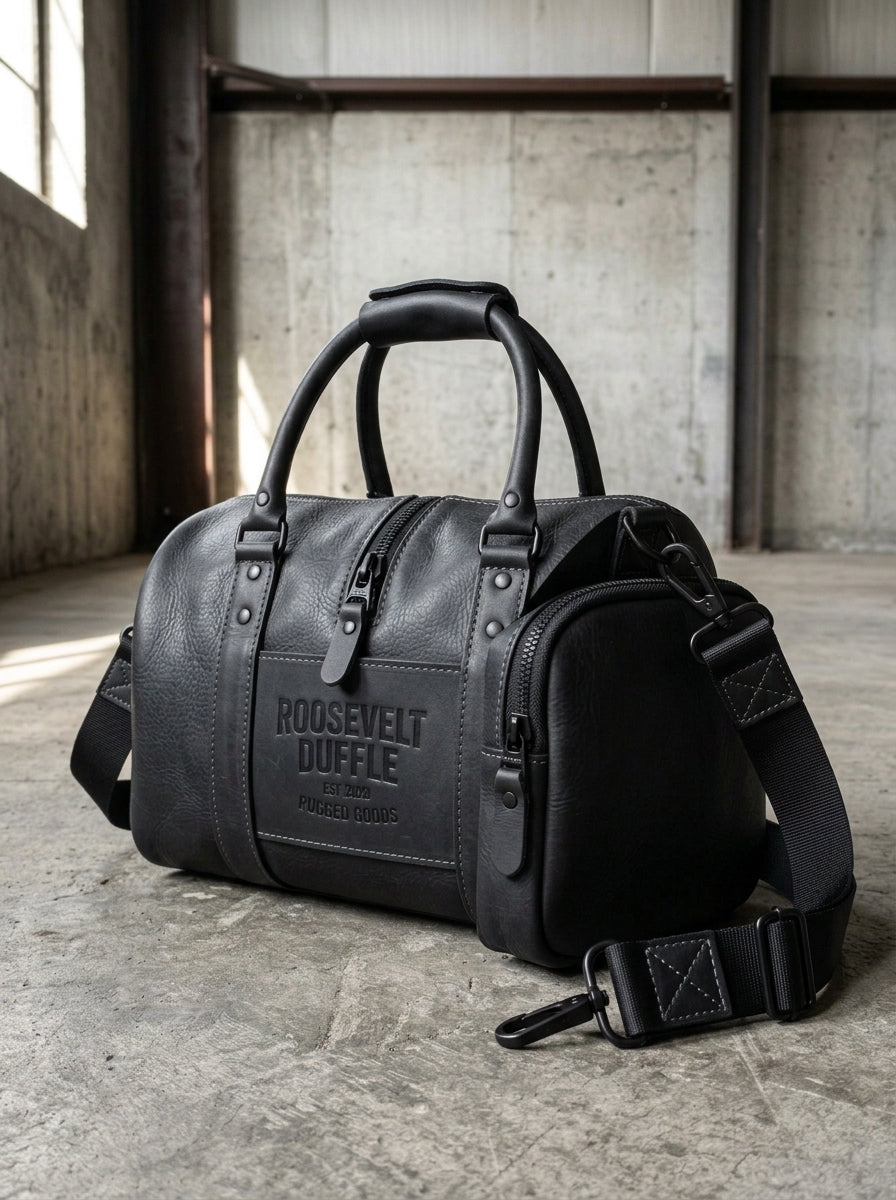 Roosevelt Duffle Matte Black Leather Travel Bag – Tactical Gym & Weekender Holdall