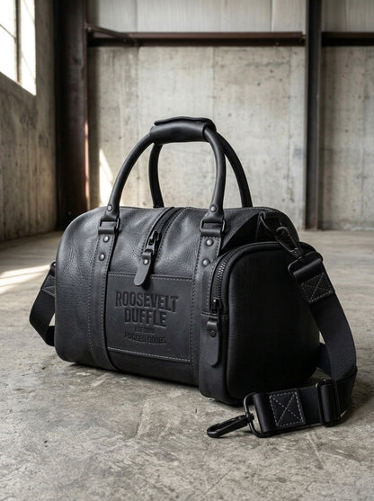 Roosevelt Duffle Matte Black Leather Travel Bag – Tactical Gym & Weekender Holdall
