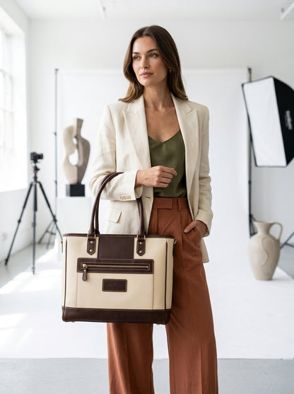 Heritage And Hide Two-Tone Leather Tote Bag – Handcrafted Cream & Dark Brown Laptop Shoulder Bag