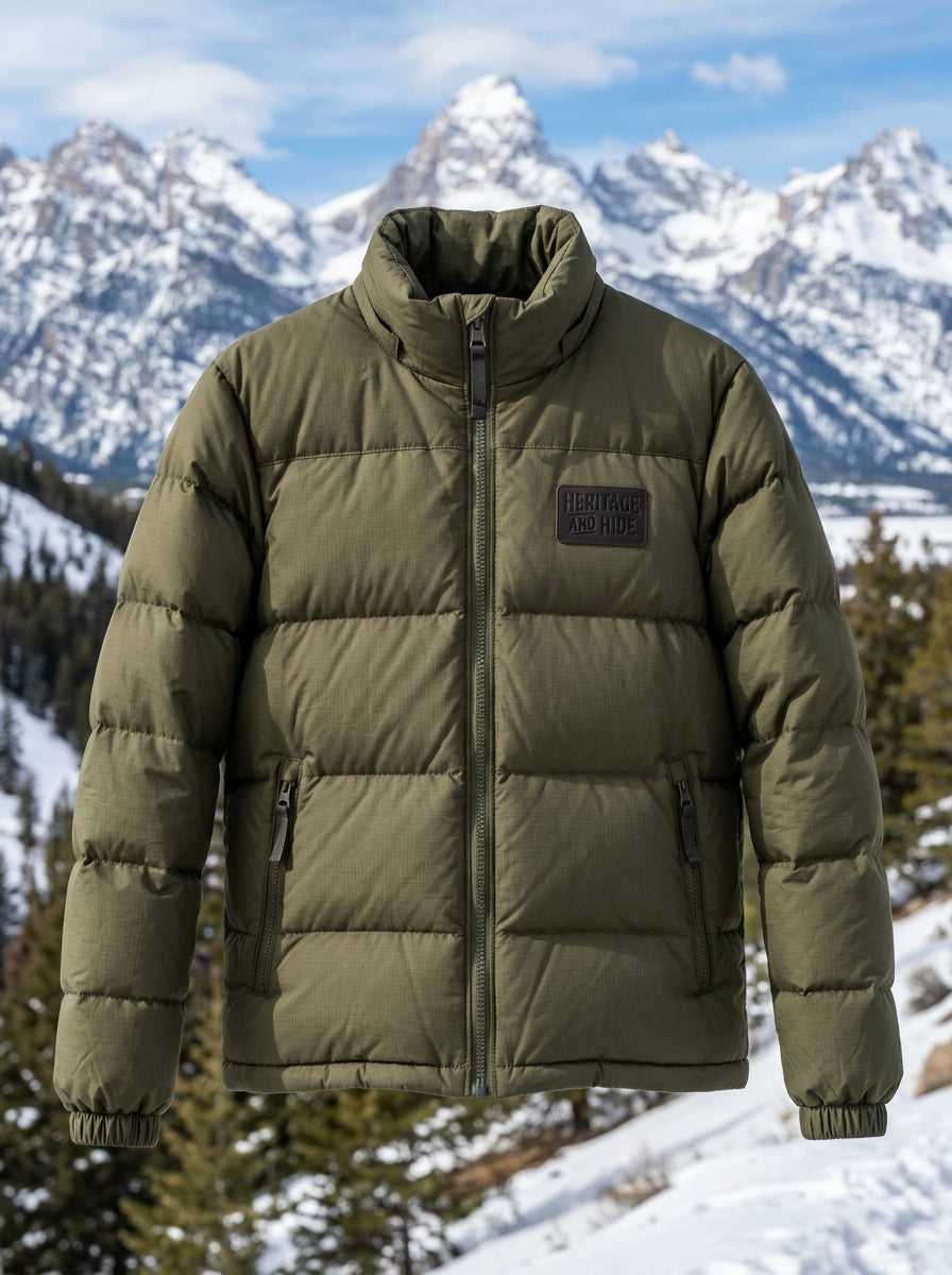 Heritage & Hide Men's Alpine Puffer Jacket – Insulated Olive Green Down Winter Coat