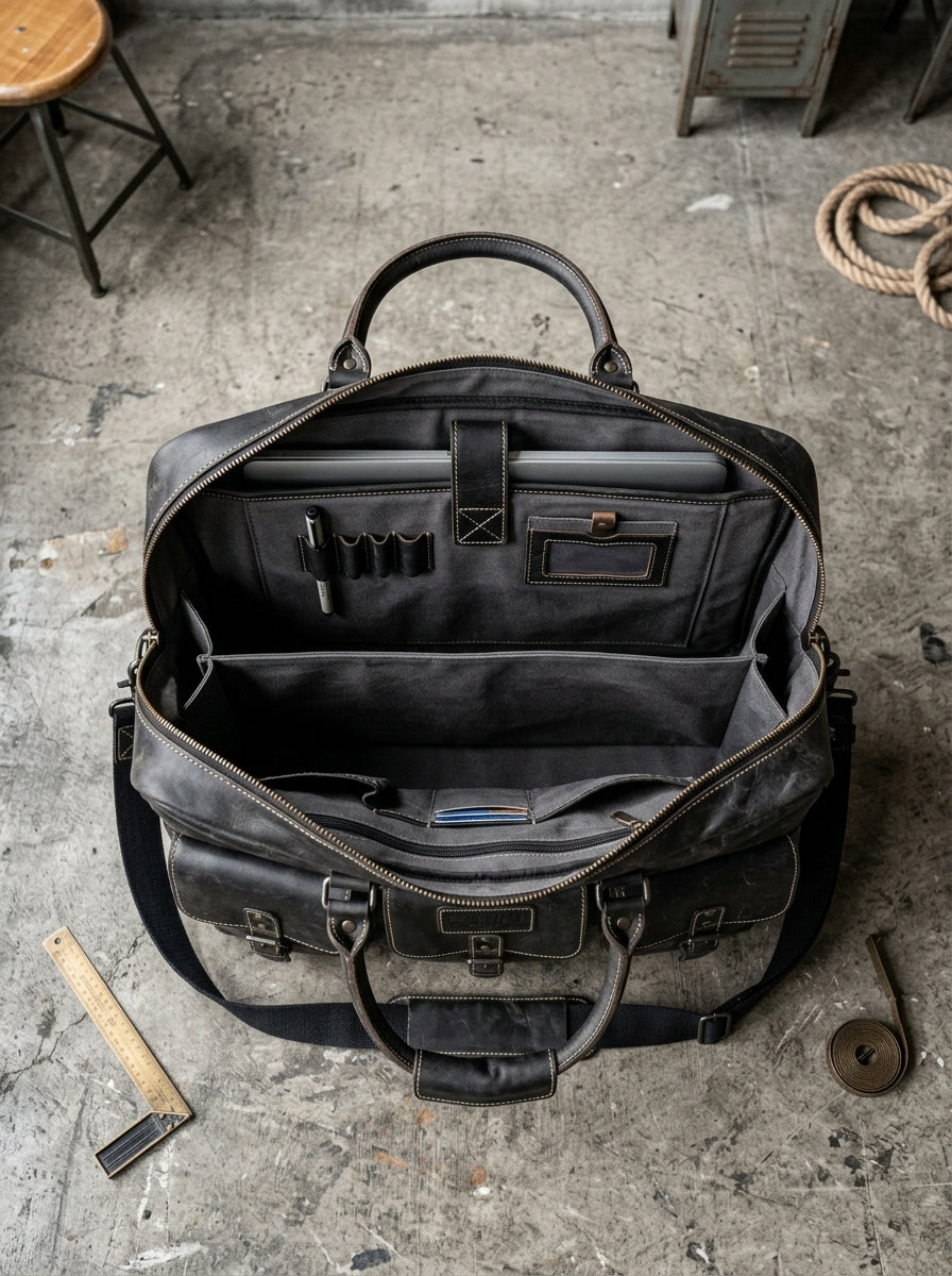 Roosevelt Pilot Handcrafted Black Leather Pilot Briefcase & Holdall