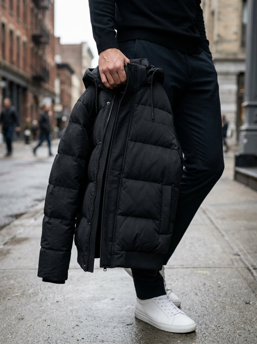 Heritage And Hide Men's Hooded Puffer Bomber Jacket – Matte Black Insulated Winter Coat
