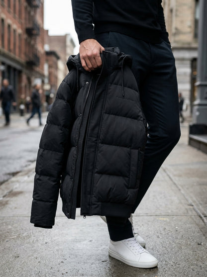 Heritage And Hide Men's Hooded Puffer Bomber Jacket – Matte Black Insulated Winter Coat