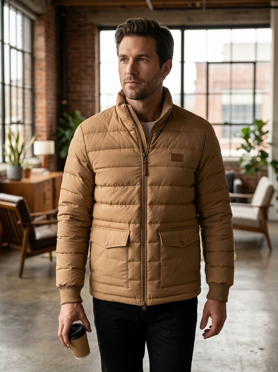 Heritage & Hide Men's Insulated Puffer Jacket – Camel Tan Baffle Quilted Winter Coat