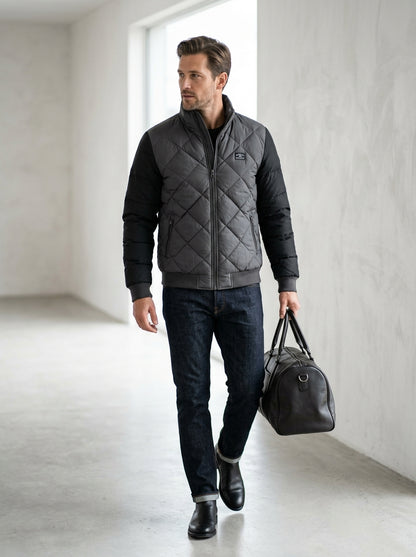 Heritage And Hide Men's Diamond Quilted Bomber Jacket – Two-Tone Charcoal & Black Insulated Winter Coat