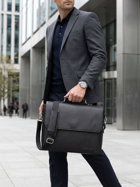Heritage & Hide Modern Black Leather Briefcase –  Laptop Messenger Bag for Professionals