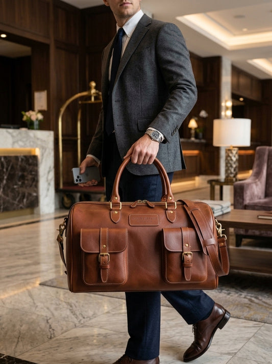 Heritage And Hide Handcrafted Leather Duffel Bag – Cognac Tan Multi-Pocket Weekender & Travel Holdall