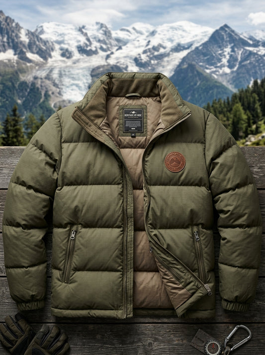 Heritage & Hide Men's Alpine Puffer Jacket – Insulated Olive Green Down Winter Coat