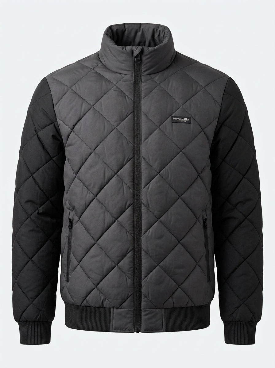 Heritage And Hide Men's Diamond Quilted Bomber Jacket – Two-Tone Charcoal & Black Insulated Winter Coat