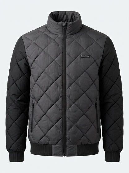 Heritage And Hide Men's Diamond Quilted Bomber Jacket – Two-Tone Charcoal & Black Insulated Winter Coat