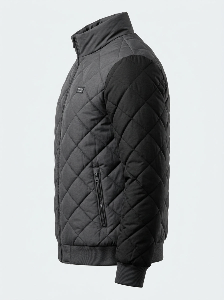 Heritage And Hide Men's Diamond Quilted Bomber Jacket – Two-Tone Charcoal & Black Insulated Winter Coat