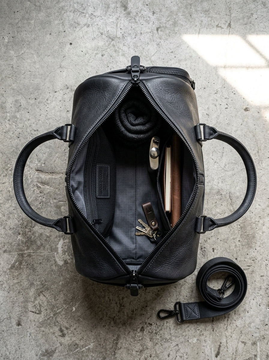 Roosevelt Duffle Matte Black Leather Travel Bag – Tactical Gym & Weekender Holdall
